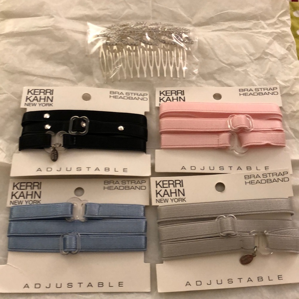 Kerri Kahn 4 retro adjustable bra strap headbands, plus a rhinestones hair comb
